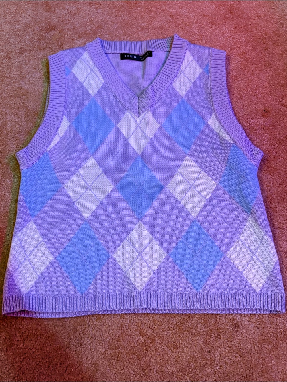 SHEIN Lavender and White Argyle V-Neck Sweater Vest